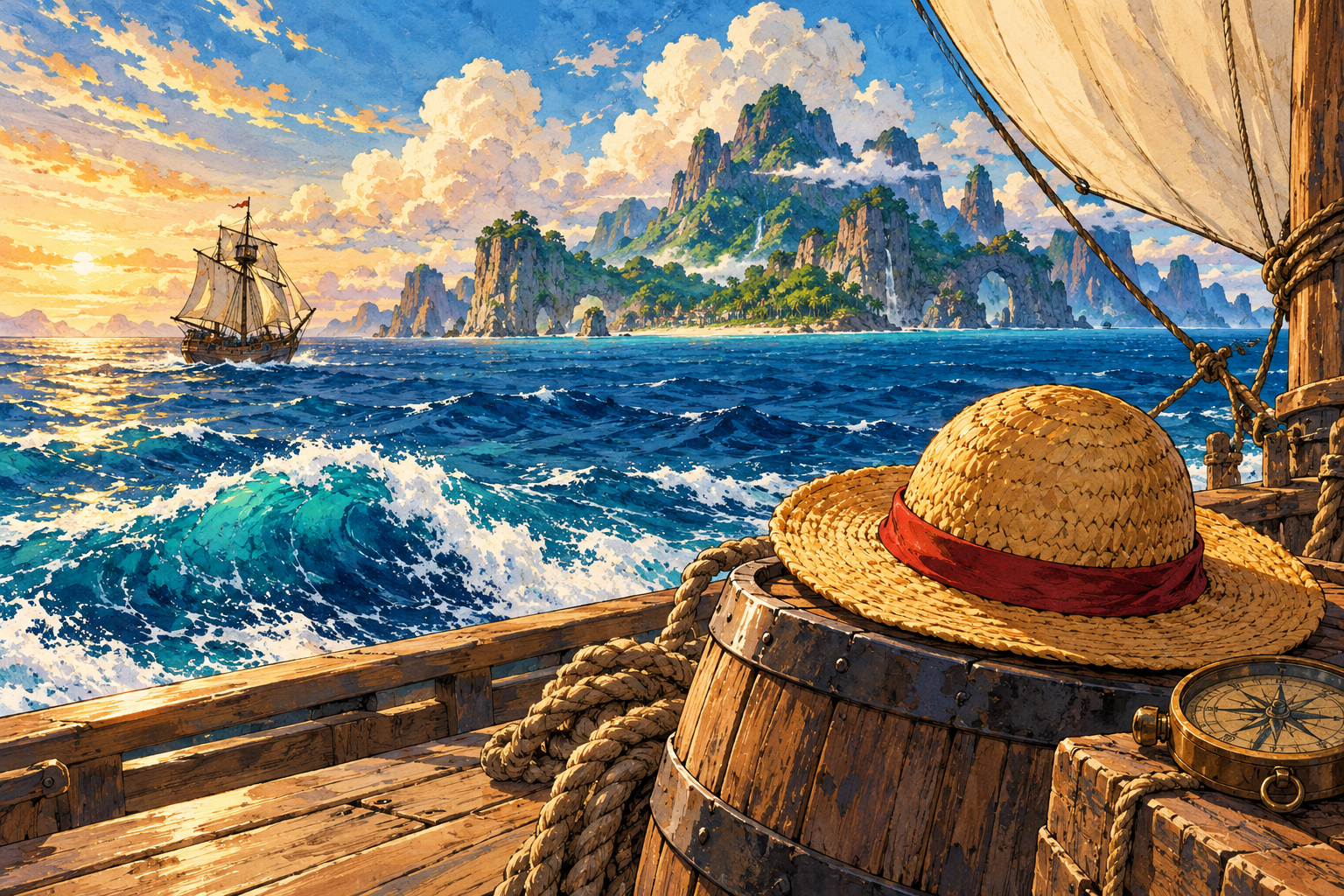 An original illustration of a straw hat on a ship's deck, with blue waves, a sailing ship and a sunlit island beyond.